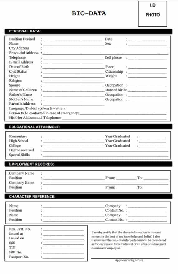 biodata format for job application free download