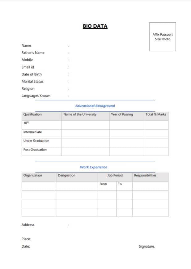 biodata format for job application for freshers