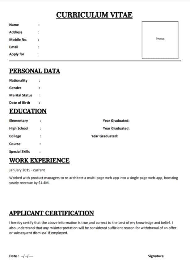 Bio Data For Job Application Class 12 25 Printable Bi 6917