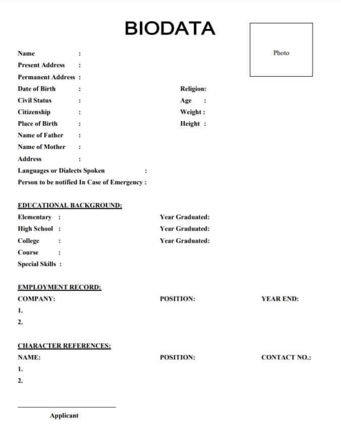 Printable Biodata Form Philippines Word