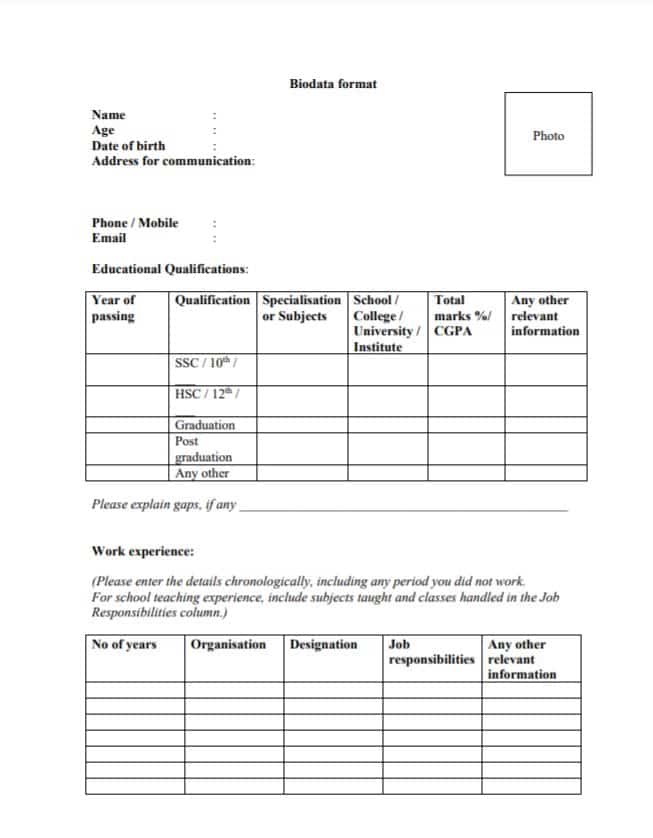 resume biodata format for job