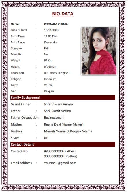 11+ Biodata Format for Marriage for Girl Free Download Word/PDF