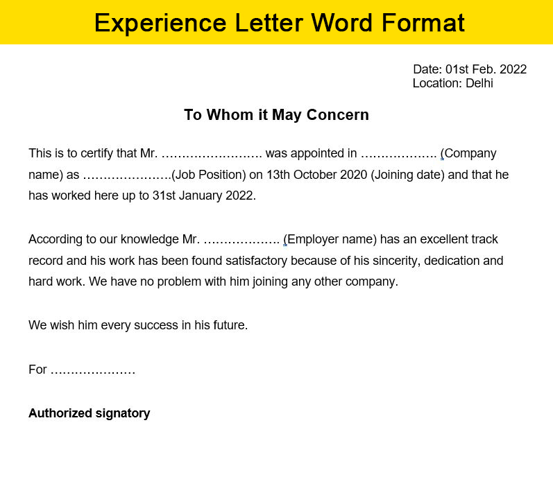 experience letter word format