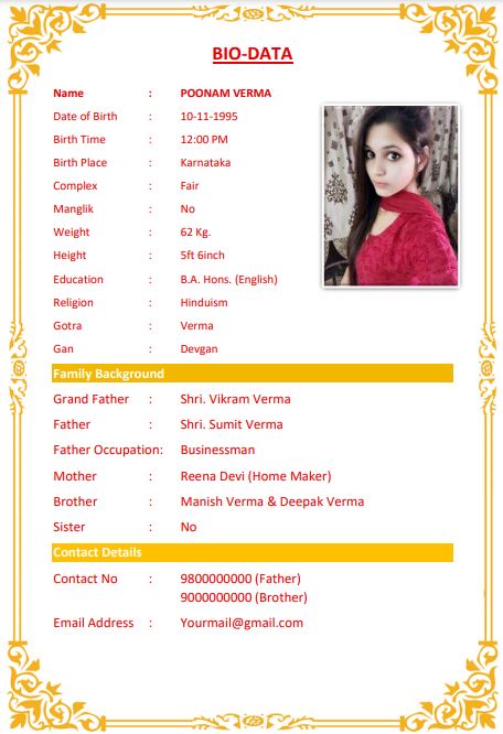 free biodata format for marriage for girl