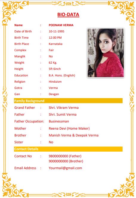 11 Biodata Format For Marriage For Girl Free Download Word PDF