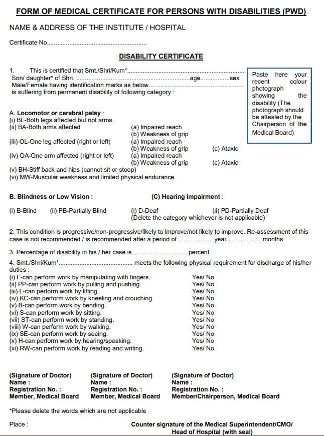 FORM OF MEDICAL CERTIFICATE FOR PERSONS WITH DISABILITIES (PWD)