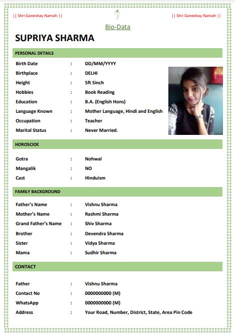 indian marriage biodata word format for girl