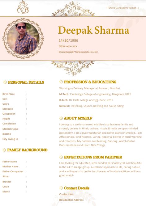 marriage biodata format in english